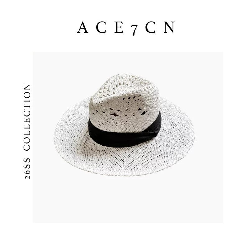 South-France Resort Premium Straw-Woven Openwork Fedora Hand-Woven