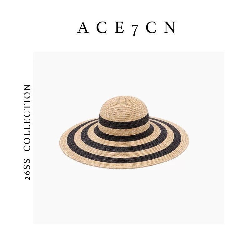 Classic Hepburn-Style Wheat-Straw Straw Hat Striped Wide-Brim