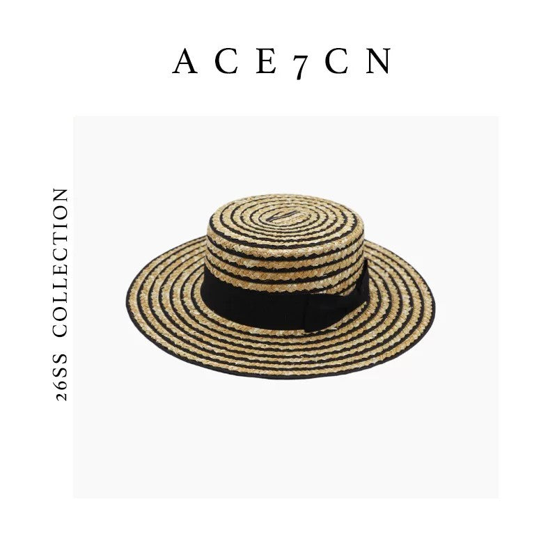 Korean Natural-Straw Wheat-Straw Straw Hat Striped Dress