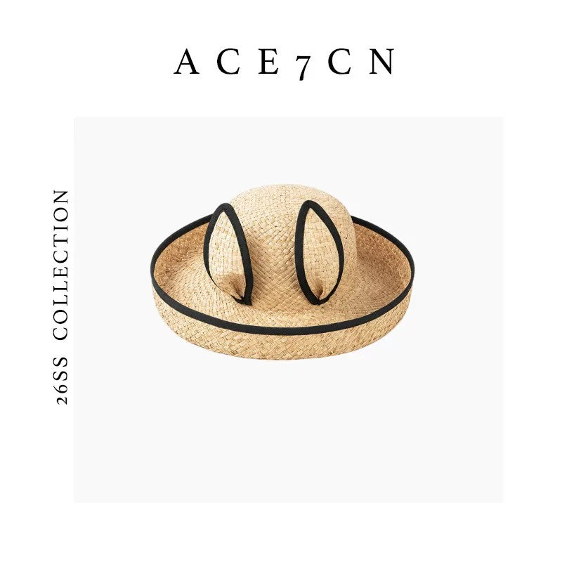 Japanese Niche Bunny-Ear Raffia Straw Hat 3D