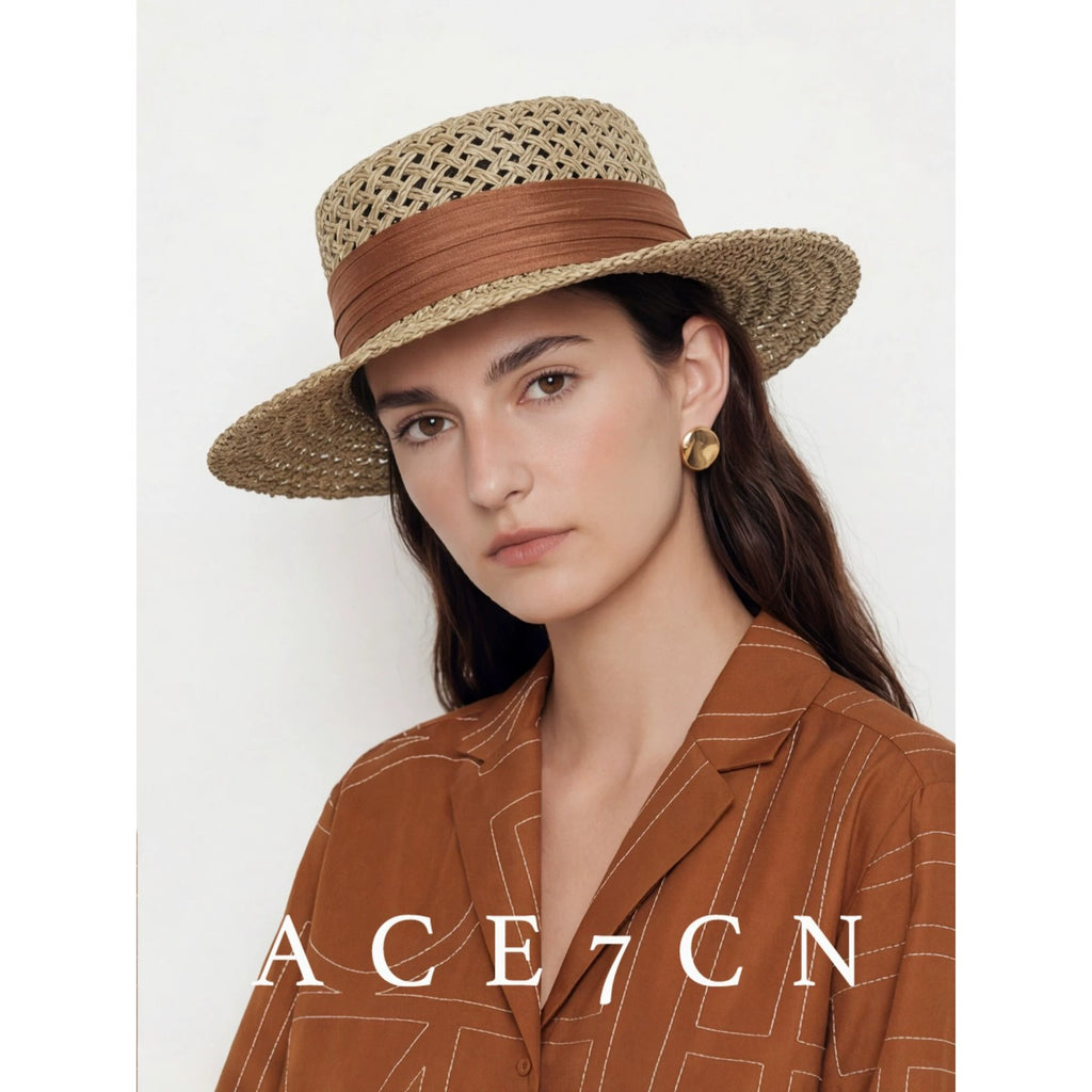 French Elegant Silk Straw Hat Openwork Resort