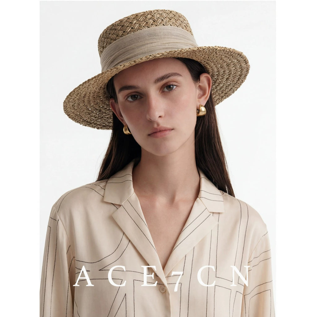 French Elegant Silk Straw Hat Openwork Resort