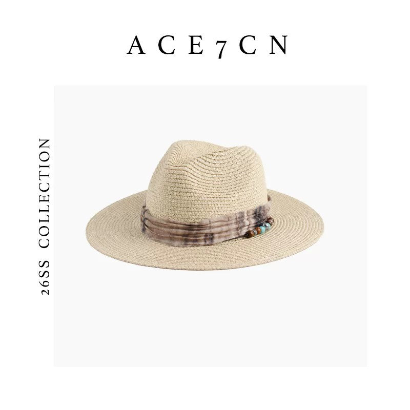 Vintage Western Ink-Wash Ribbon Fedora Woven Straw