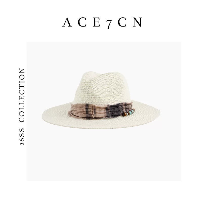 Vintage Western Ink-Wash Ribbon Fedora Woven Straw