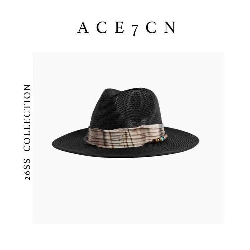 Vintage Western Ink-Wash Ribbon Fedora Woven Straw
