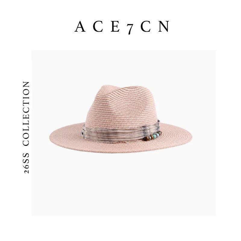 Vintage Western Ink-Wash Ribbon Fedora Woven Straw