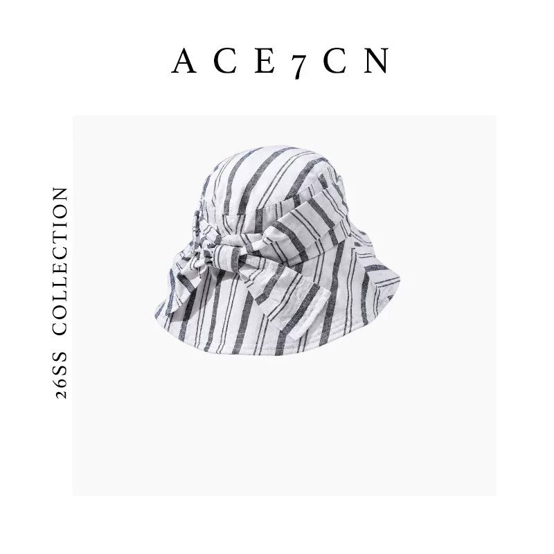 Designer Linen Bucket Hat Bow Wide-Brim Bucket