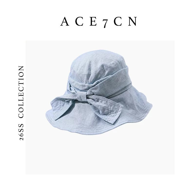 Designer Linen Bucket Hat Bow Wide-Brim Bucket