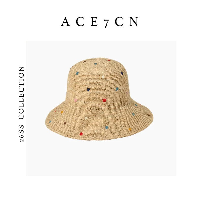 Nepalese Embroidered Multi-Dot Raffia Bucket Hat Foldable