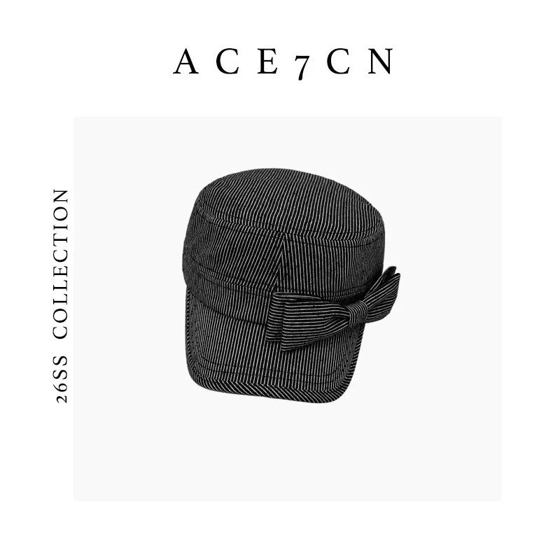 Korean Niche Bow Riding Hat Striped Korean