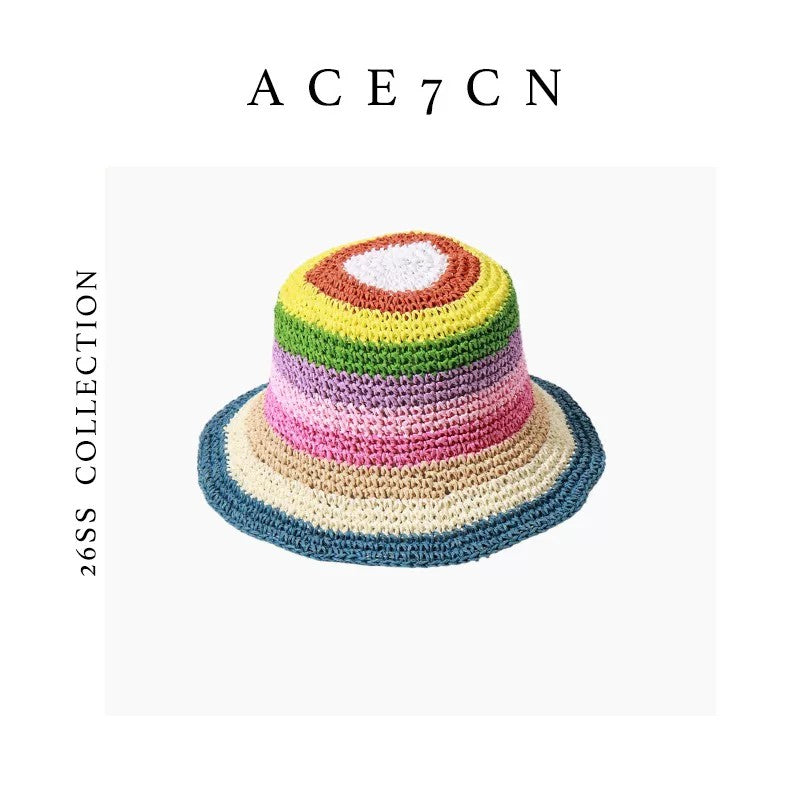 Nordic Niche Rainbow Bucket Hat Handmade Striped