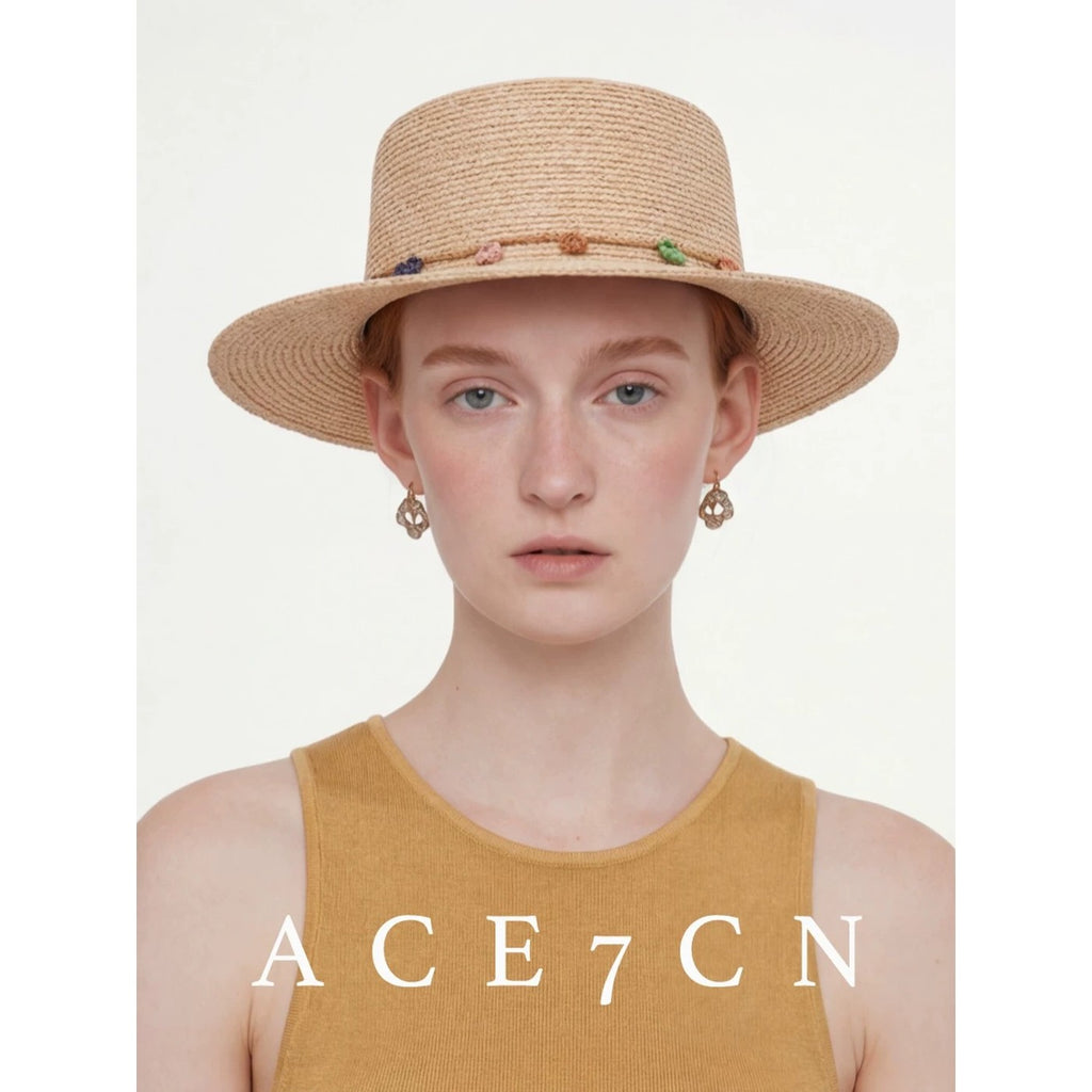 South-France Resort Raffia Dress Hat Colorful Pom