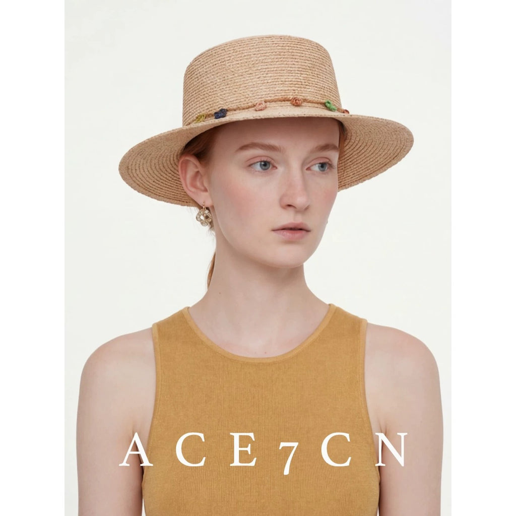 South-France Resort Raffia Dress Hat Colorful Pom