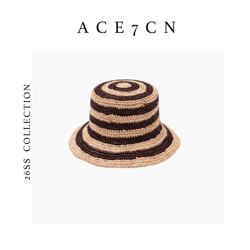 Natural-Straw Premium Raffia Bucket Hat Striped Hand-Woven