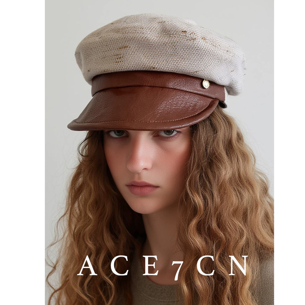 Nordic Woven Leather-Trim Newsboy Cap Designer Metal-Logo