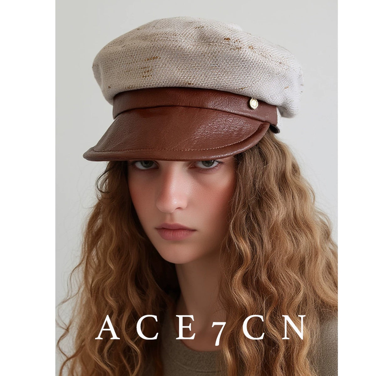 Nordic Woven Leather-Trim Newsboy Cap Designer Metal-Logo