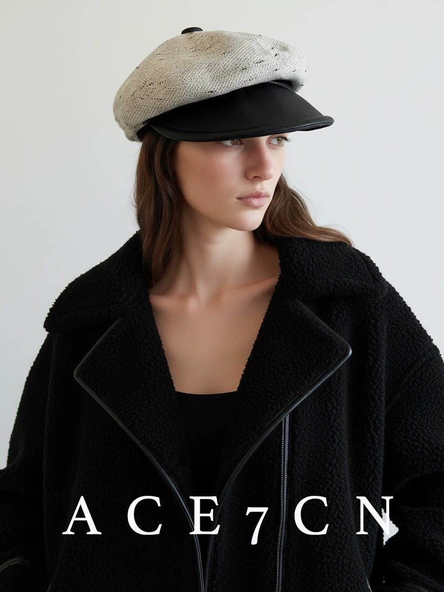Nordic Woven Leather-Trim Newsboy Cap Designer Metal-Logo