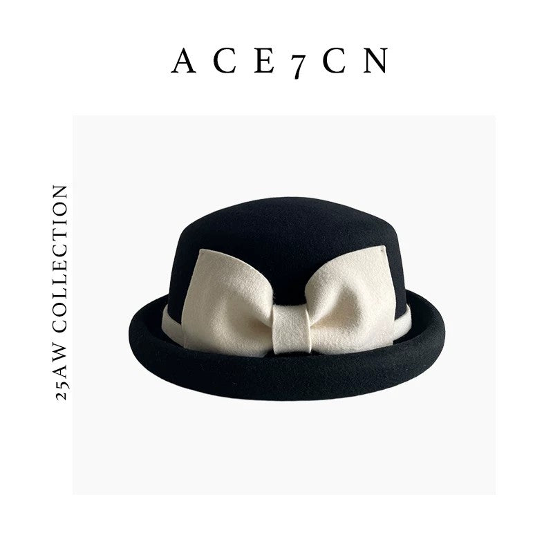 100 Wool French Hepburn-Style Bow Dress Hat