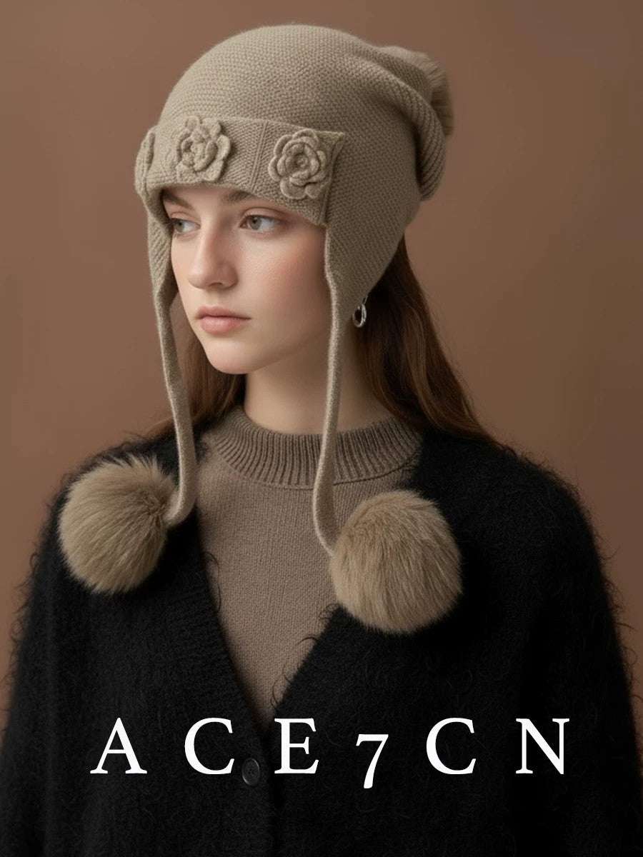 100 Cashmere Ear-Flap Hat Embellished 3D Floral