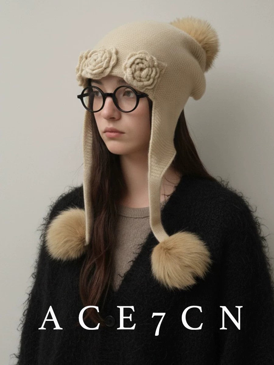 100 Cashmere Ear-Flap Hat Embellished 3D Floral