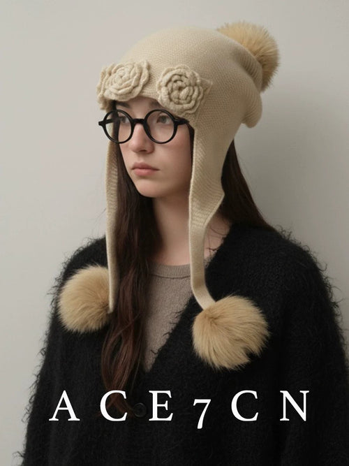 100 Cashmere Ear-Flap Hat Embellished 3D Floral