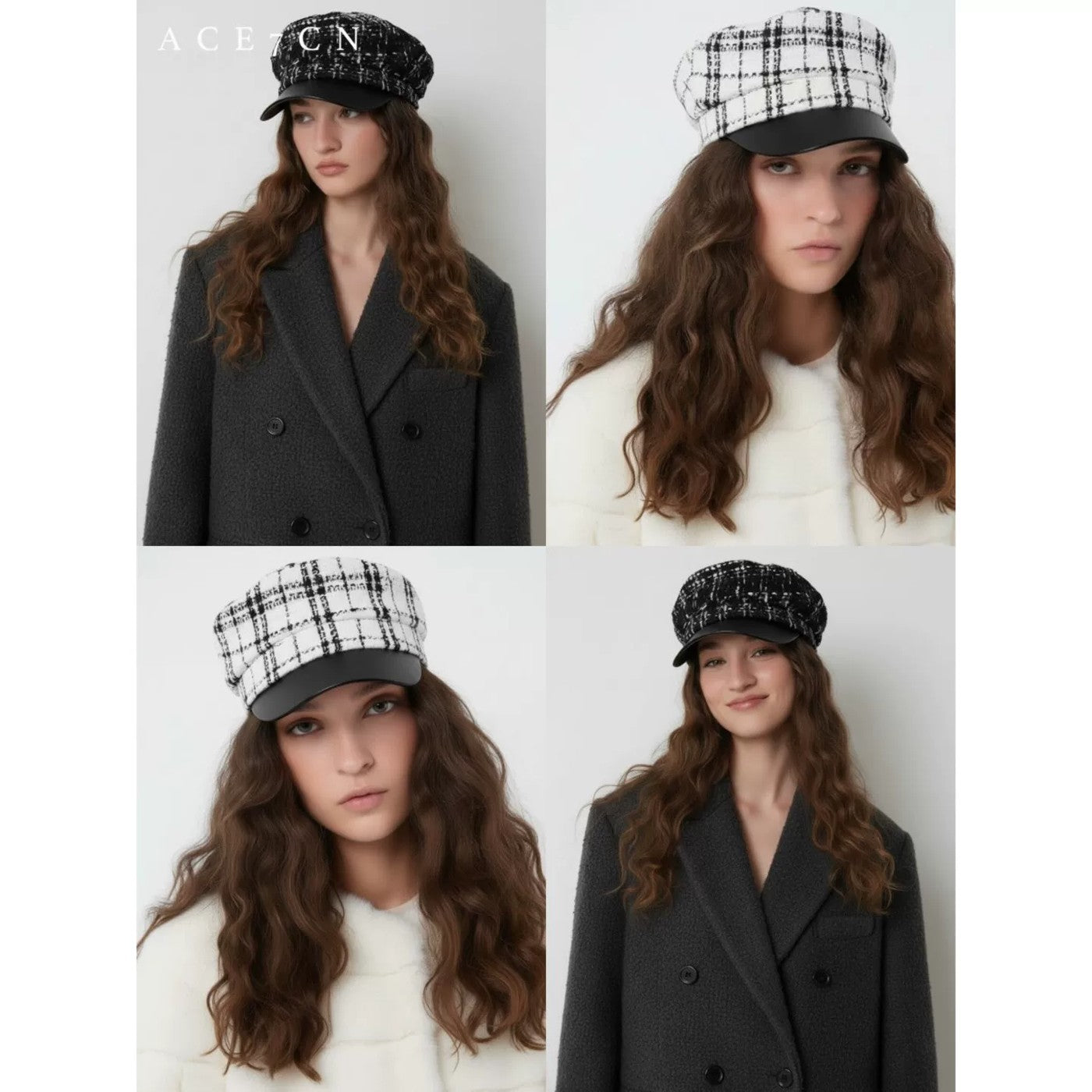 British Classic Tweed Equestrian Hat Black-White Plaid