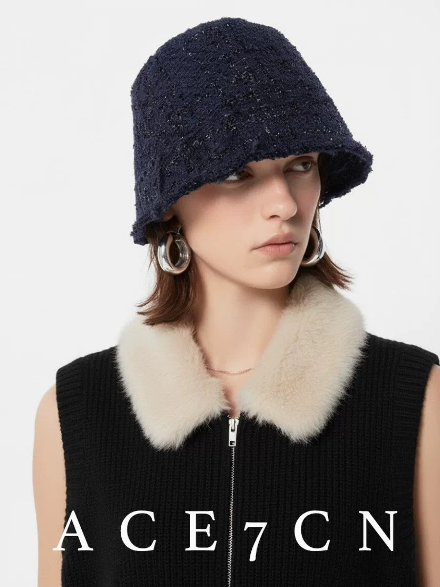 Subtle-Glitter Light-Luxury Tweed Bucket Hat French Paris-Night