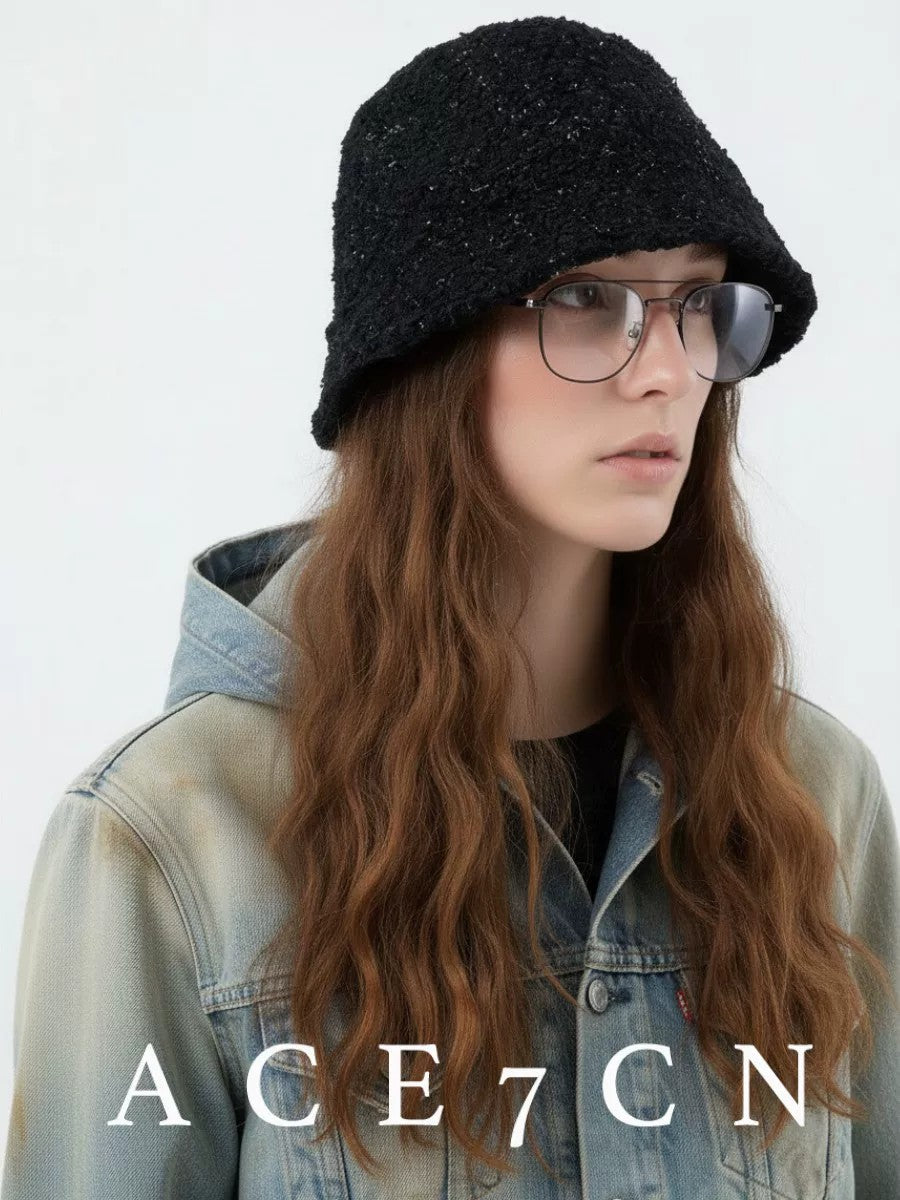 Subtle-Glitter Light-Luxury Tweed Bucket Hat French Paris-Night