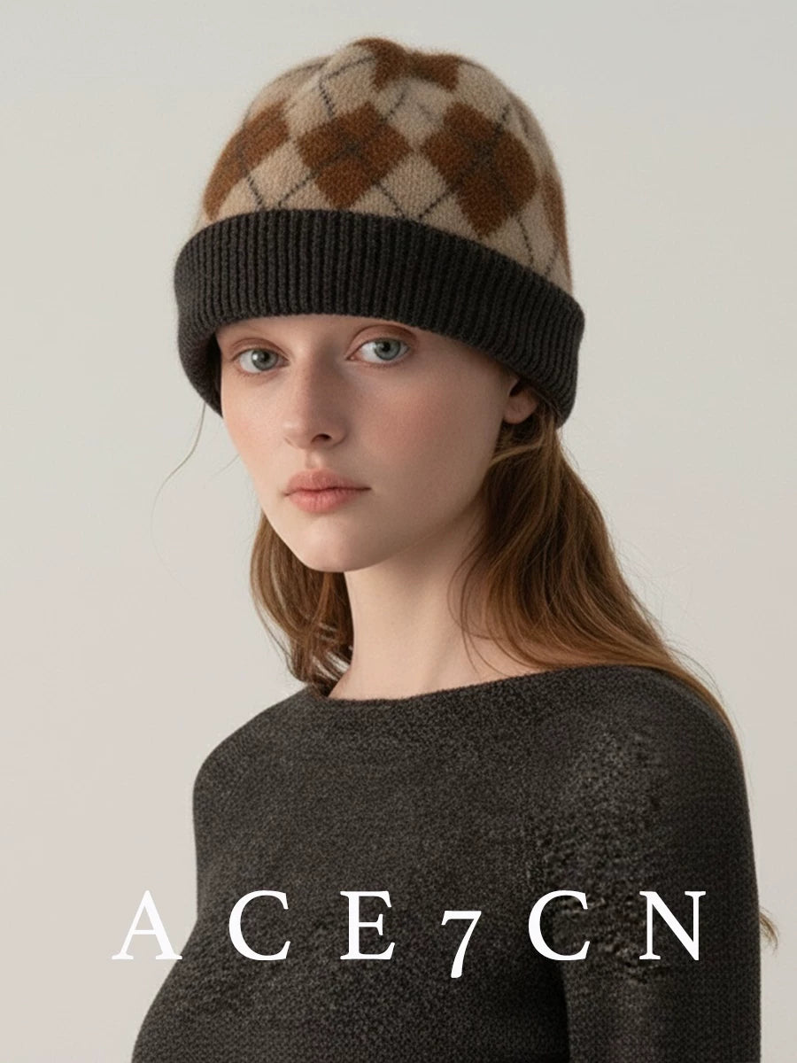 100 cashmere Nordic Argyle Cashmere Hat Autumn-Winter