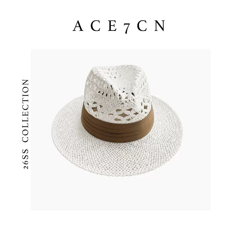 South-France Resort Premium Straw-Woven Openwork Fedora Hand-Woven