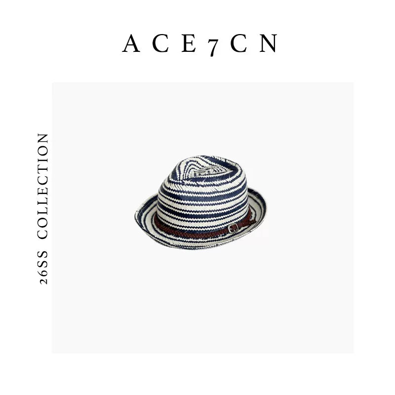 British Vintage Blue-White Striped Straw Hat Resort