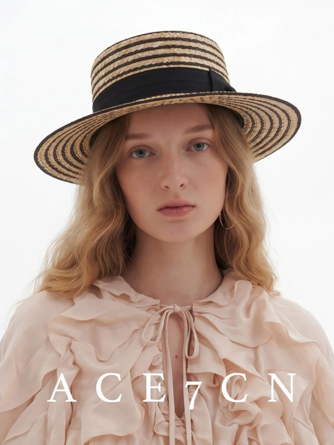 Korean Natural-Straw Wheat-Straw Straw Hat Striped Dress