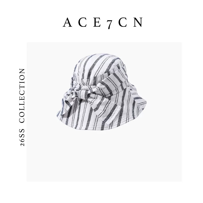 Designer Linen Bucket Hat Bow Wide-Brim Bucket
