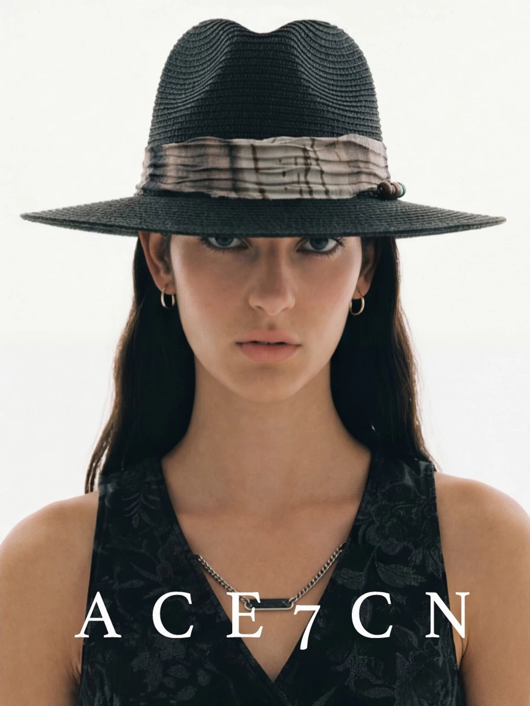 Vintage Western Ink-Wash Ribbon Fedora Woven Straw