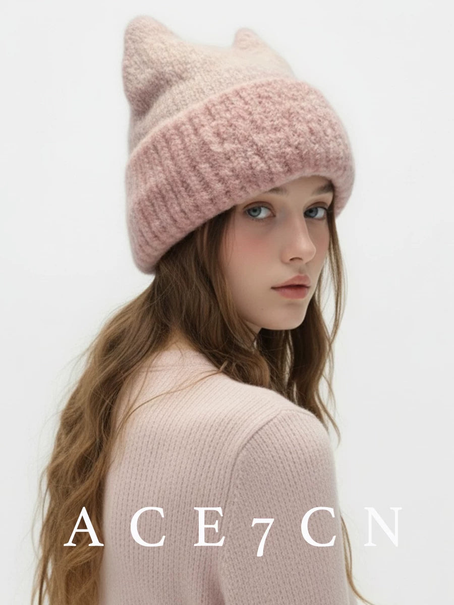 Nordic Cat-Ear Beanie Fluffy Autumn-Winter Warm Knit