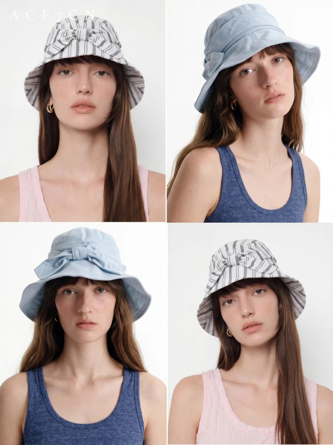 Designer Linen Bucket Hat Bow Wide-Brim Bucket