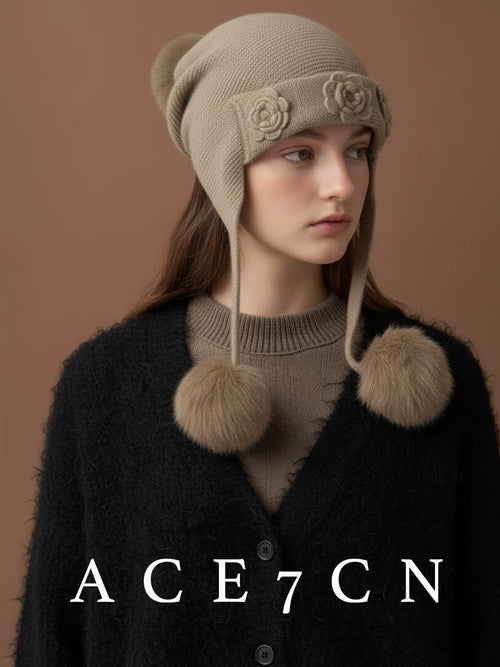 100 Cashmere Ear-Flap Hat Embellished 3D Floral