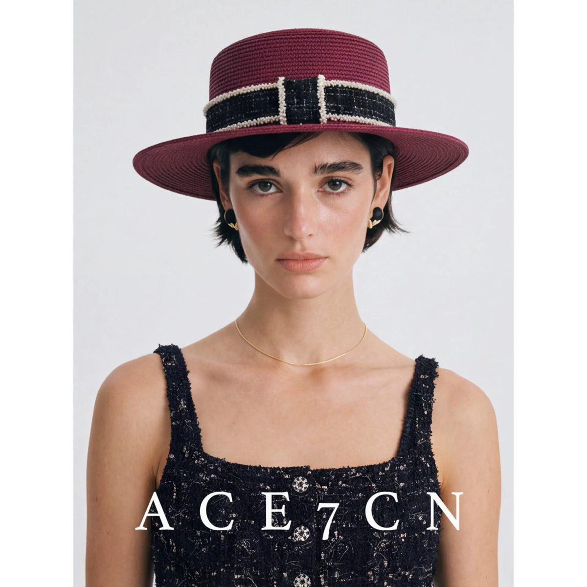 Parisian Tweed Classic Paper-Straw Dress Hat Elegant