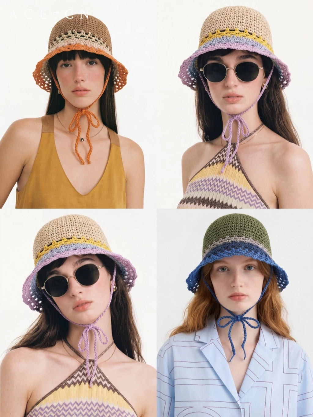 Nordic Hand-Crochet Color-Block Bucket Hat Openwork Breathable