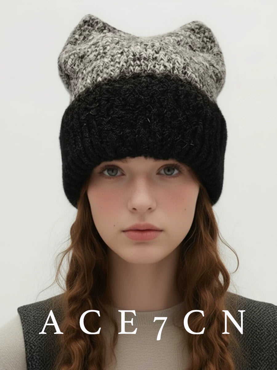 Nordic Cat-Ear Beanie Fluffy Autumn-Winter Warm Knit