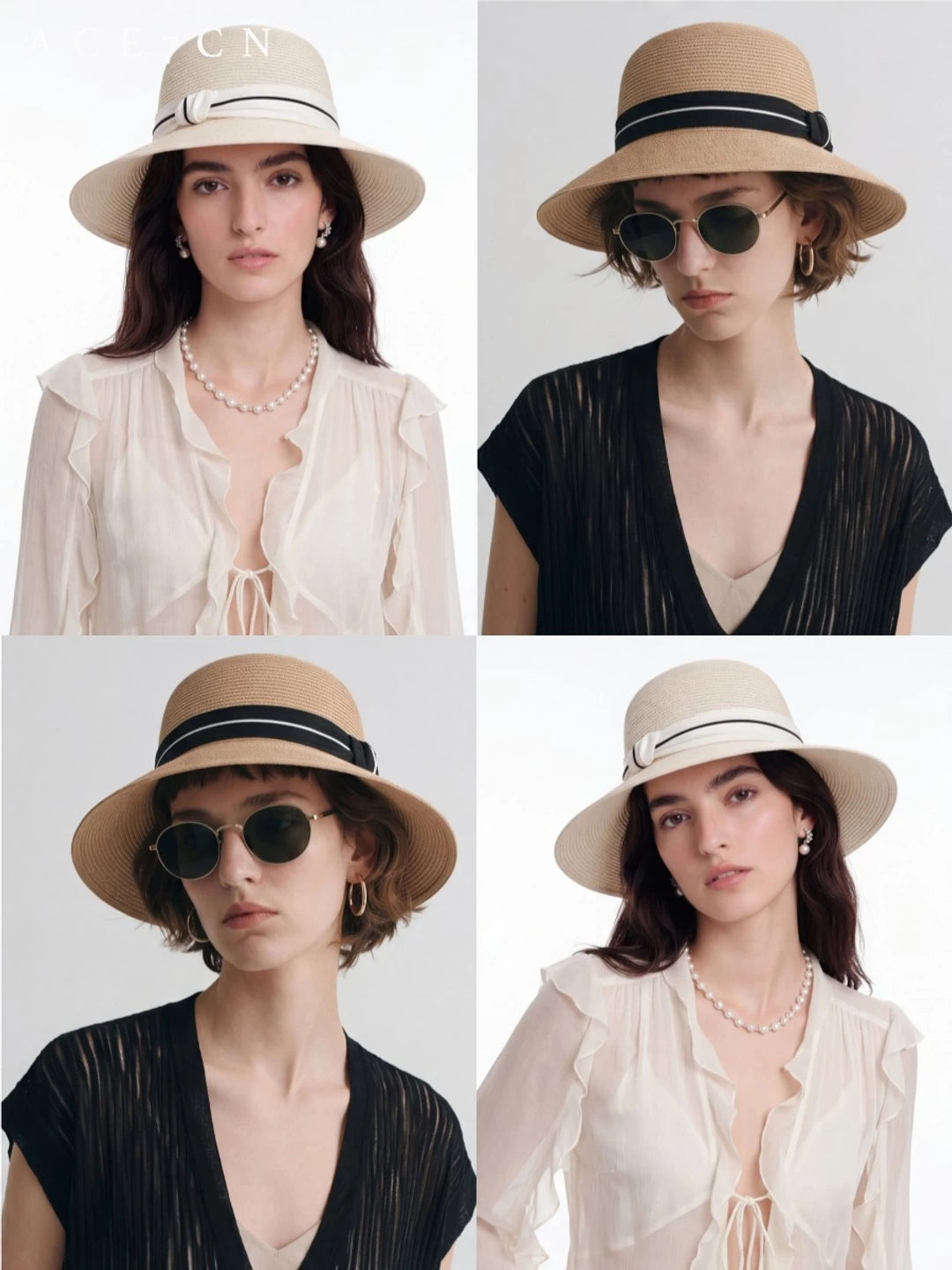 Hepburn-Style Bucket Hat Ribbon Wide-Brim Straw Hat