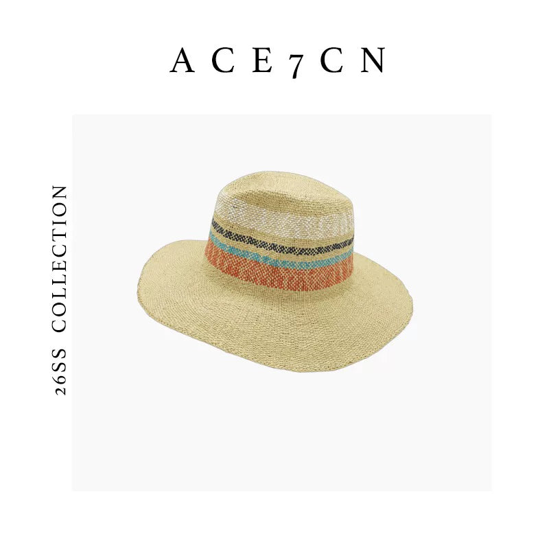 Nordic Colorful Straw-Woven Fedora French Striped Color-Block