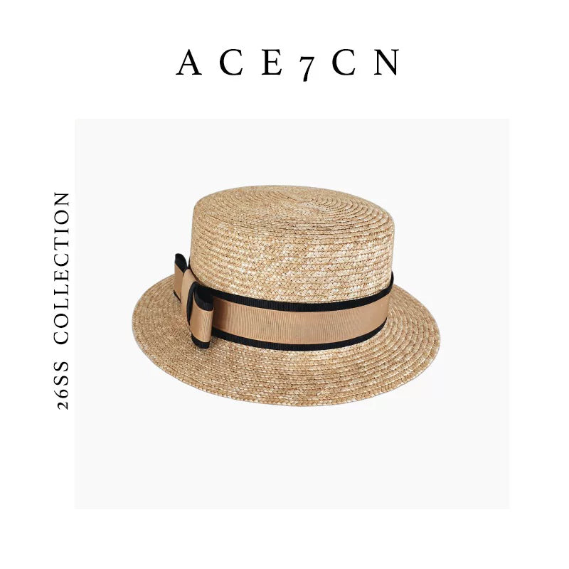 Relaxed French Wheat-Straw Flat-Top Hat Short-Brim Hepburn