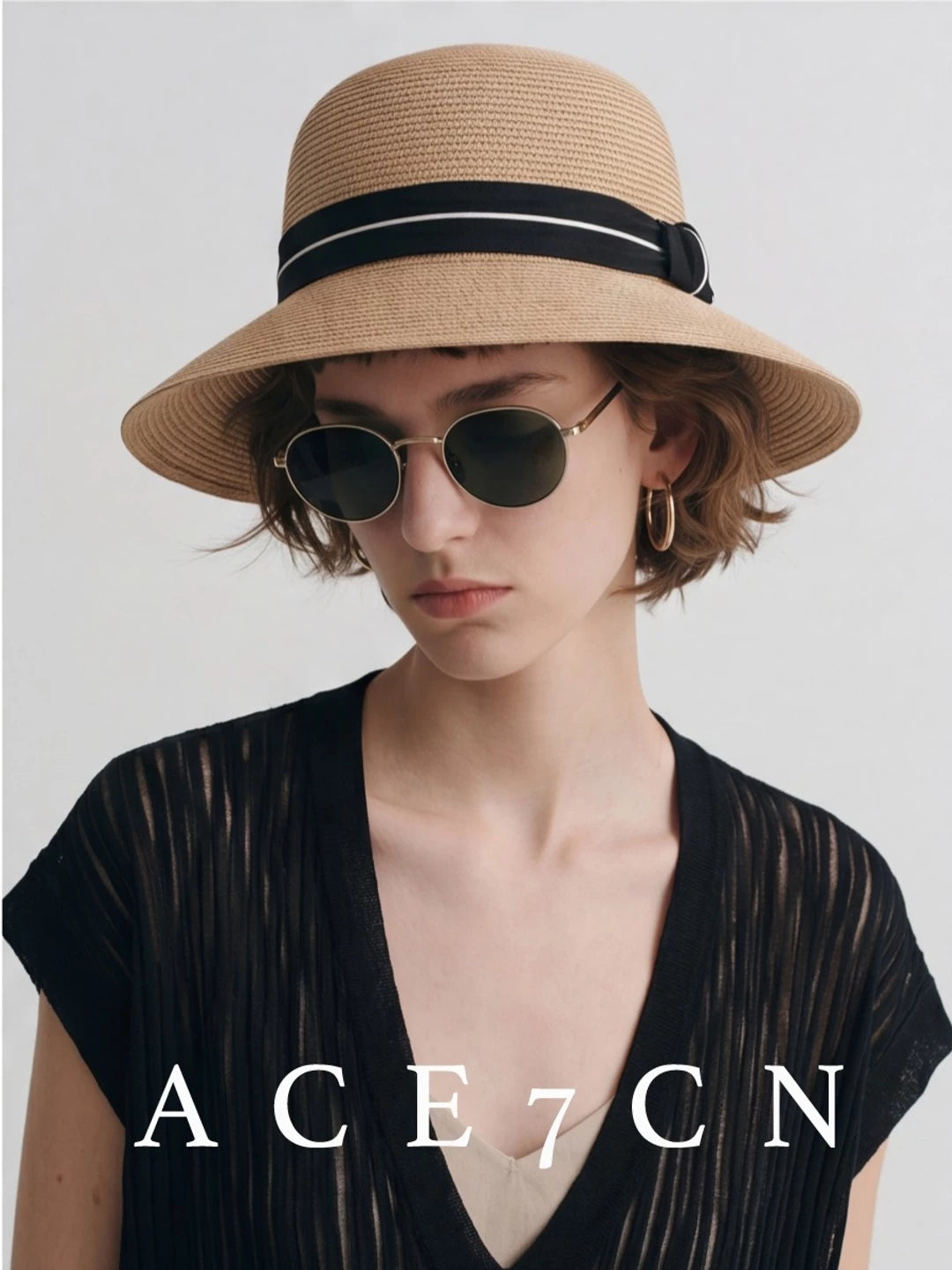 Hepburn-Style Bucket Hat Ribbon Wide-Brim Straw Hat
