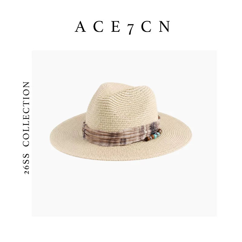 Vintage Western Ink-Wash Ribbon Fedora Woven Straw