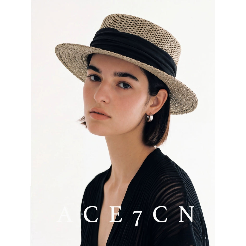 South-France Seagrass Hand-Woven Dress Hat Flat-Top Straw