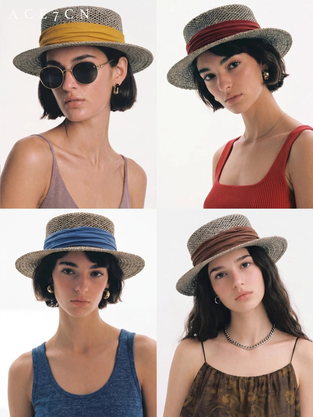 South-France Seagrass Hand-Woven Dress Hat Flat-Top Straw