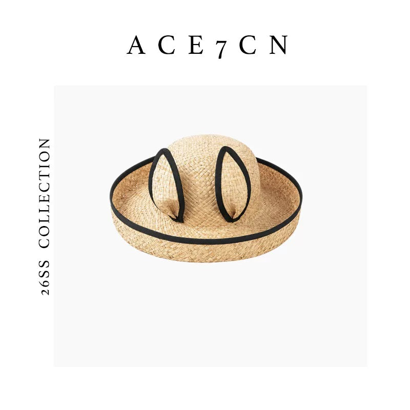 Japanese Niche Bunny-Ear Raffia Straw Hat 3D