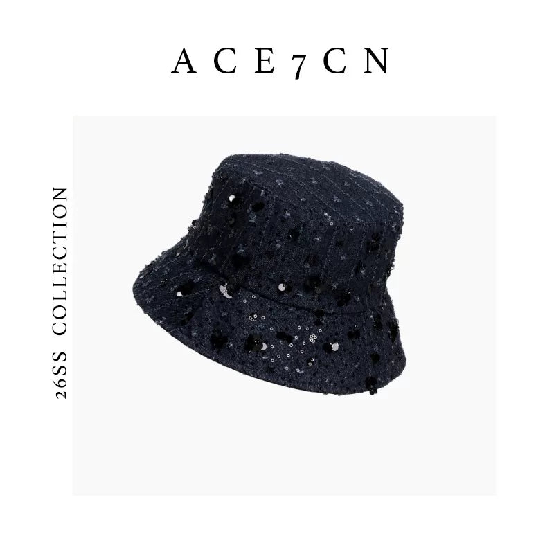 Denim Vintage Bucket Hat Embellished Subtle-Glitter Sequin