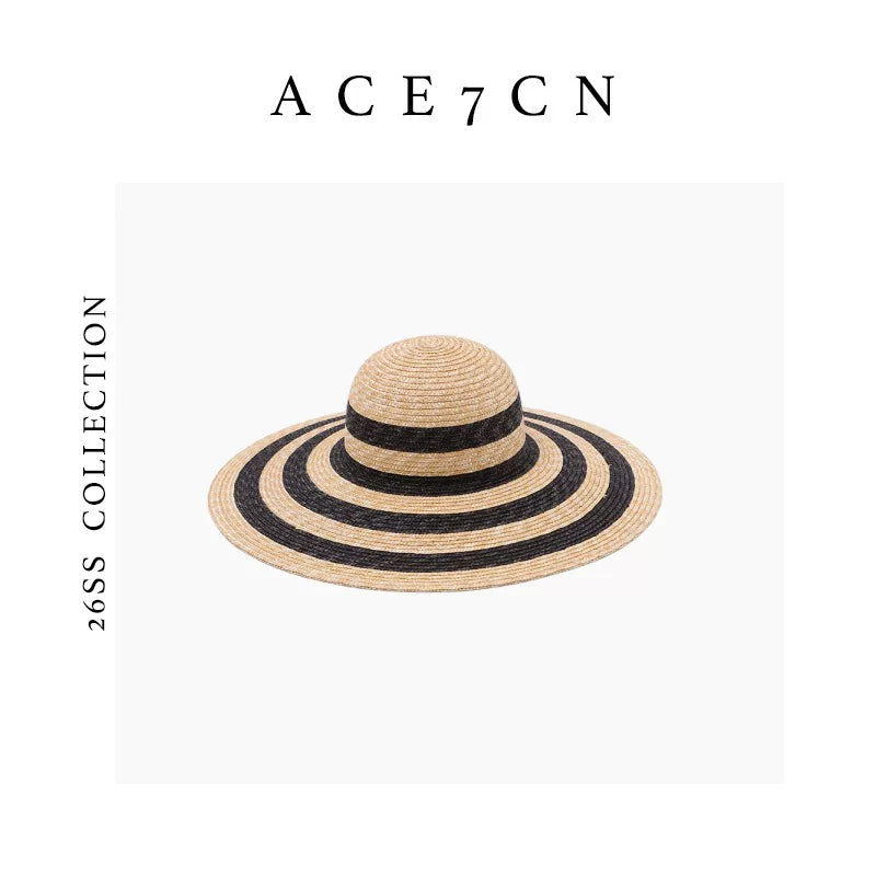 Classic Hepburn-Style Wheat-Straw Straw Hat Striped Wide-Brim